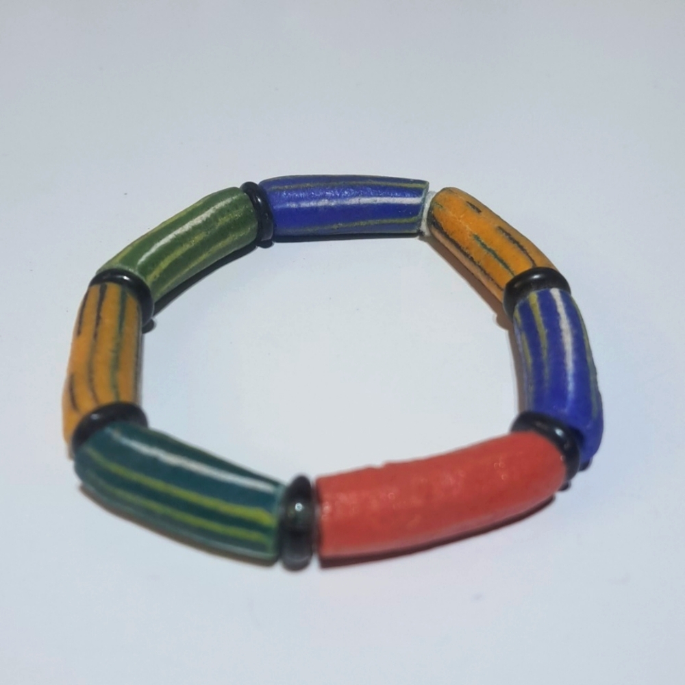 African Tribal Colorful Chunky Recycled Glass Krobo Beaded Bracelet Repurposed